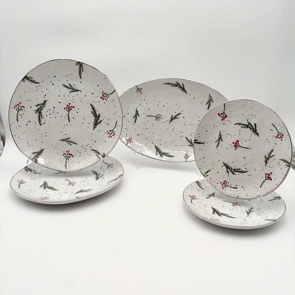 Potters Studio Holiday Plates & Platter Set Christmas Evergreen & Holly Berries